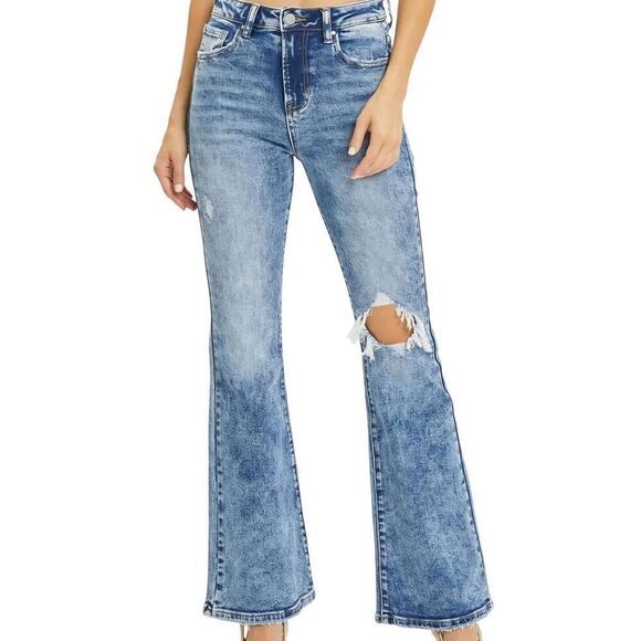 NWT Risen Jeans Women's 31 Blue High Rise Flare Acid Wash Ripped Comfort Stretch - Picture 1 of 5